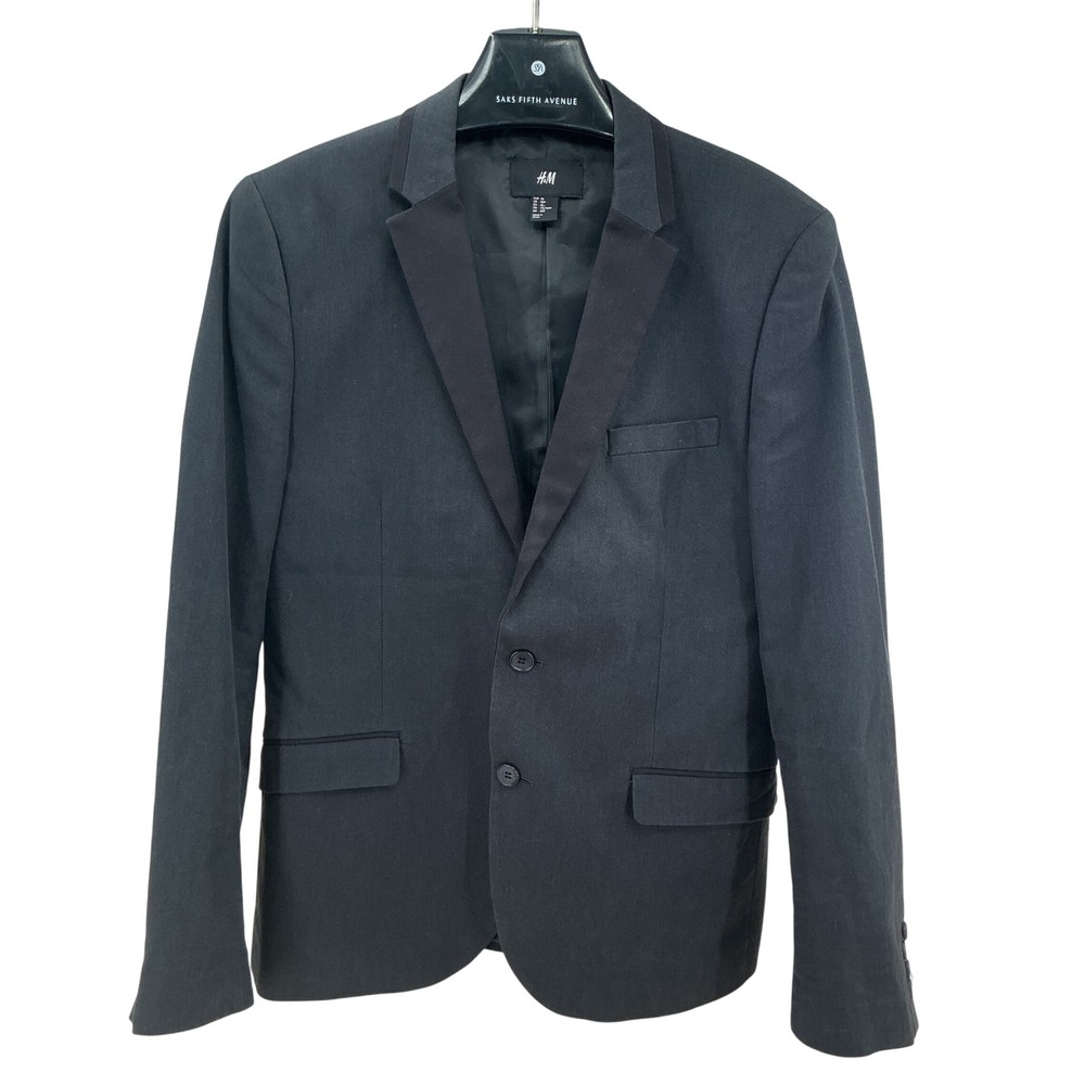 H&M Blazer Mens 40R Black Contrast Lapel Cotton Tuxedo Style Modern Minimalist